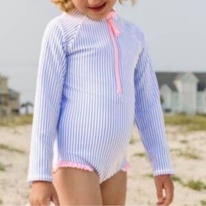 NWT LittleMe Ruffled Striped Long Sleeve Kids Zipper Swimsuit Bathingsuit